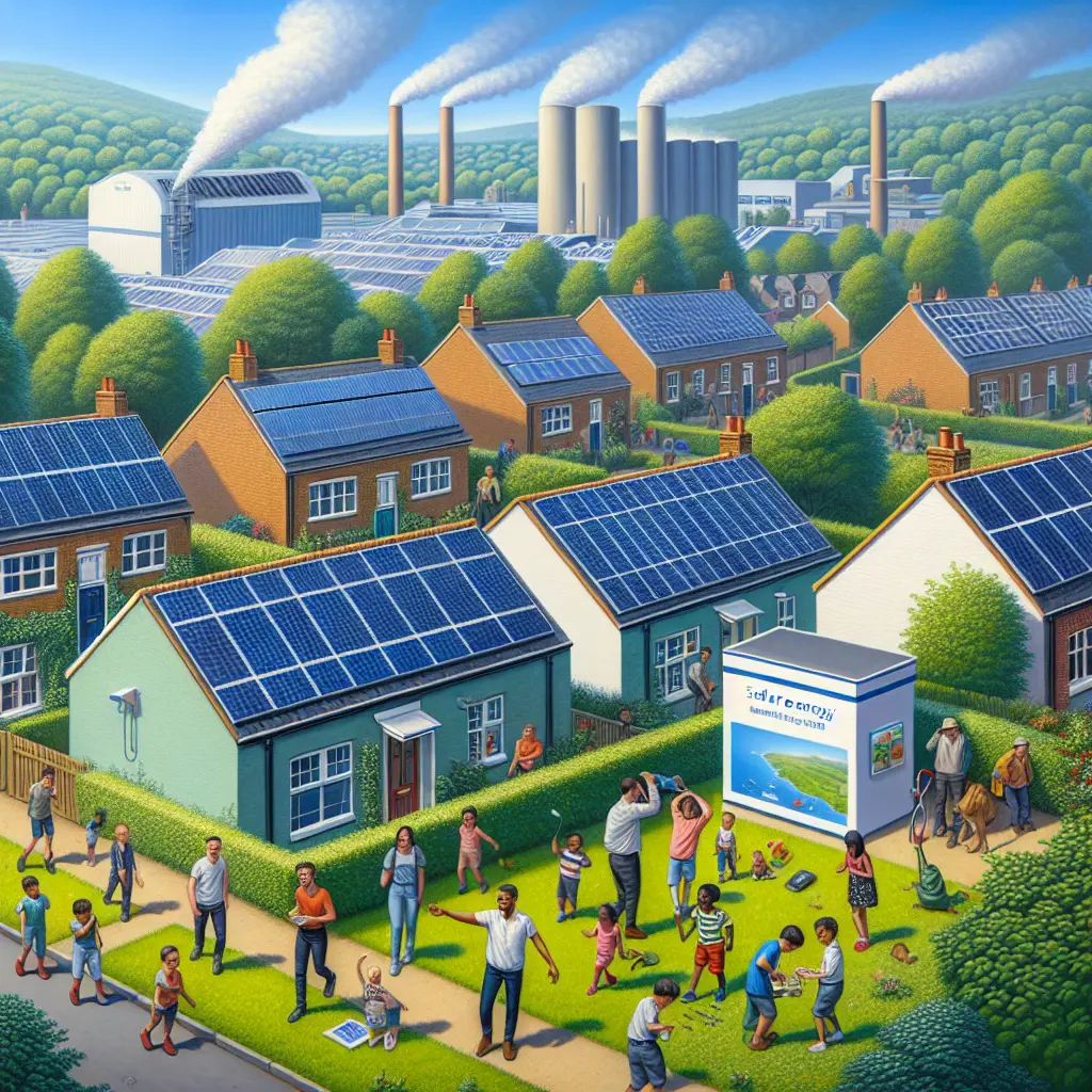Representation of UK plans widespread adoption of solar panels to curb carbon emissions and combat climate change